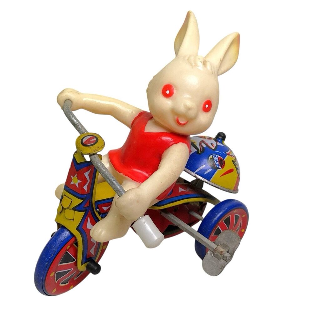 Vintage Wind-Up Easter Bunny Rabbit Tricycle Tin Litho‎ Metal Toy Collectable